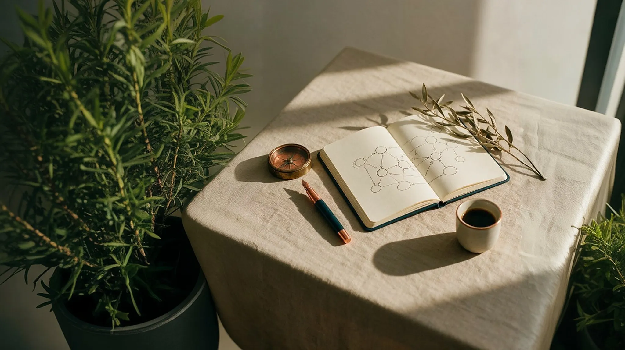Caderno com um mapa estratégico desenhado à mão, bússola e café
