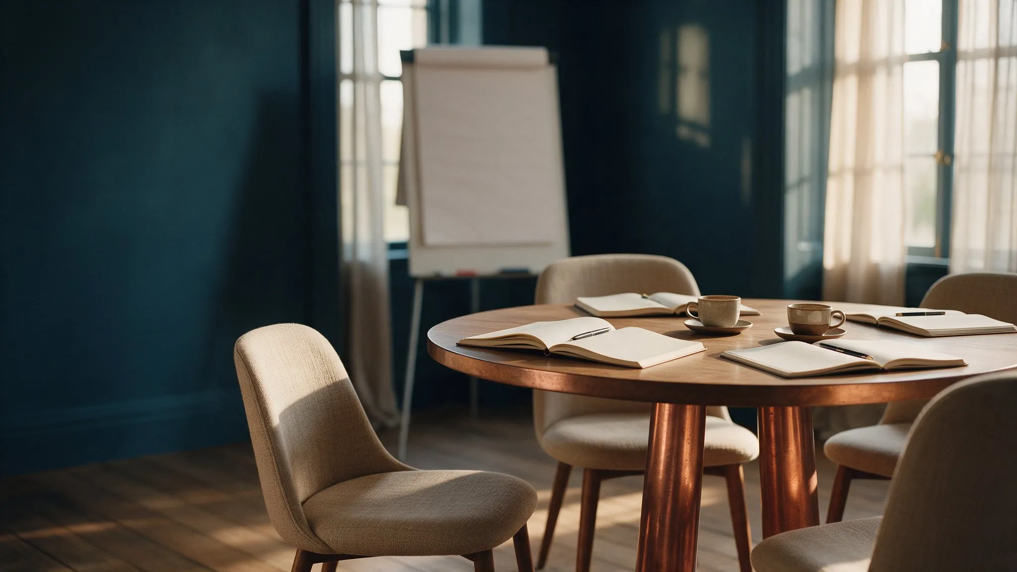 Sala de workshop com mesa redonda, cadernos, xícaras e um flip chart à luz da manhã