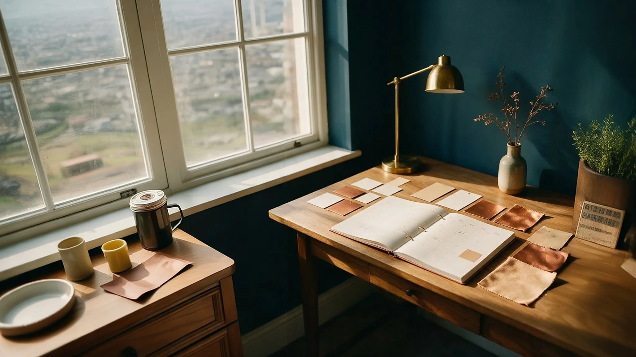 Mesa de trabalho organizada com agenda aberta, cartões e amostras de cor, diante de uma parede azul-petróleo